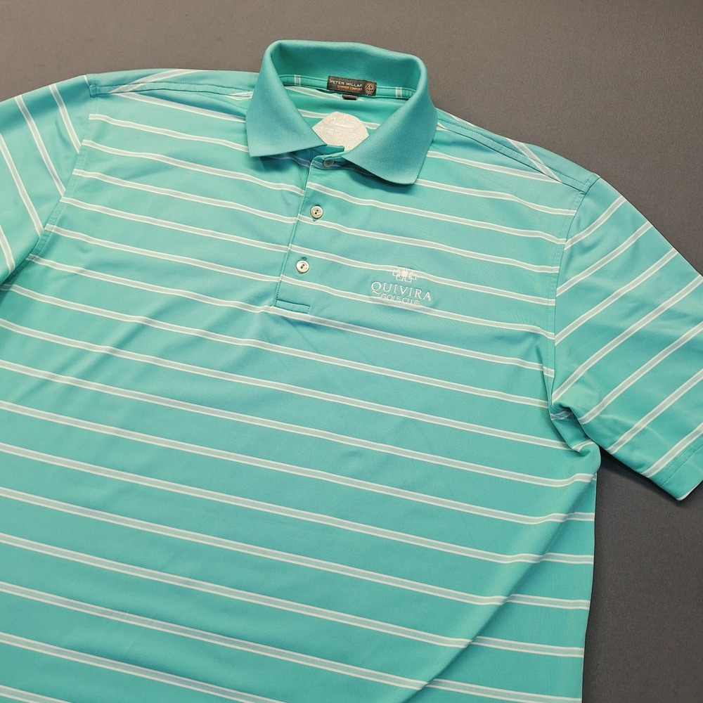 Peter Millar Summer Comfort Quivira Golf Club Polo Aqua Blue Striped Mens M